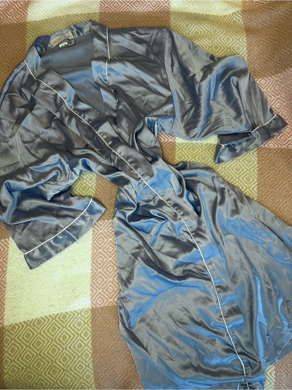 Silky Slate Blue Gray Satin Robe with White Piping